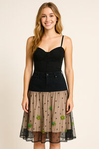 VTG Lei Black Embroidered Mesh Tulle Denim Jeans Skirt 5